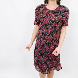 Vintage Black Floral Shimmy Smock Dress